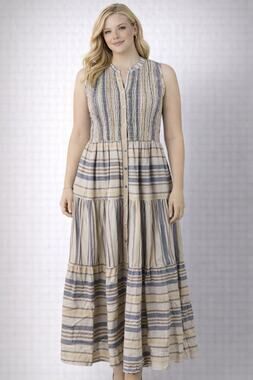 Laurel Grey Plus XXL Sleeveless Striped Summer Tier Maxi Dress Lined Cottagecore